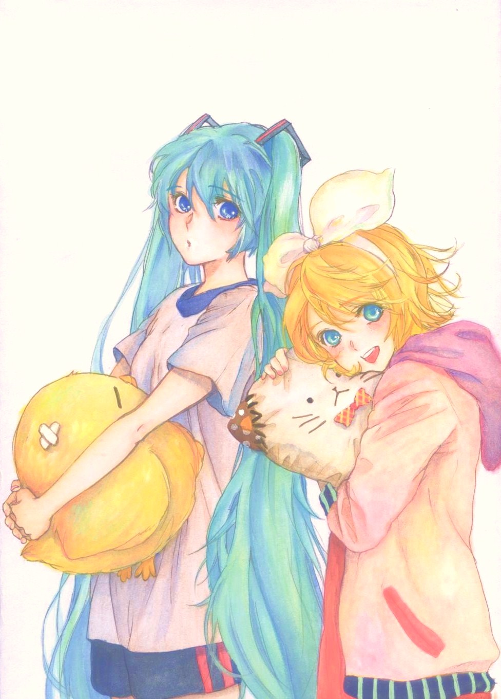 2girls, 33, baby_animal, bird, blonde_hair, blue_eyes, cat, chick