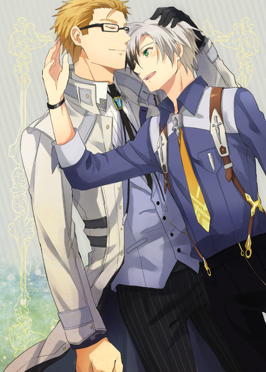 2boys, aotsuki_ren, black_hair, brothers, brown_hair, coat, closed_eyes, glasses