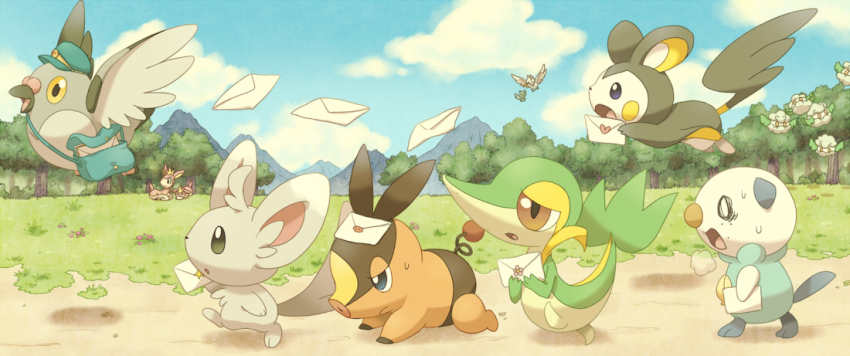 10s, bag, blue_sky, cloud, cottonee, day, deer, deerling, deerling_(spring), emolga, envelope, flying, forest, gen_5_pokemon, grass, hat, mailbag, minccino, mountain, mugita_konomi, nature, nintendo, no_humans, open_mouth, oshawott, outdoors, pidove, pokemon, pokemon_(creature), pokemon_black_and_white, red_eyes, running, sky, snivy, starter, starter_pokemon_trio, tepig, tree, walking, yellow_eyes