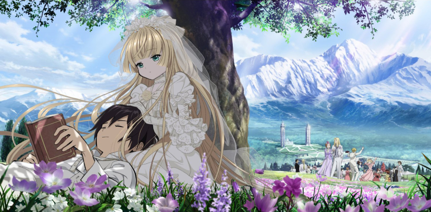 6+boys, 6+girls, avril_bradley, black_hair, blonde_hair, book, cecile_lafitte, day, dress, everyone, field, floating_hair, flower, flower_field, formal_clothes, gloves, gosick, greville_de_blois, hair_down, hand_on_head, jacqueline_de_signore, jupiter_roget, kawamoto_toshihiro, kujou_kazuya, kujou_ruri_(gosick), lap_pillow, light_smile, long_hair, long_image, lying, mildred_arbogast, mountain, multiple_boys, multiple_girls, nature, official_art, on_back, outdoors, scenery, sergius, shade, sitting, sky, tower, tree, under_tree, veil, very_long_hair, victorian, victorica_de_blois, wedding_dress, white_dress, wide_image
