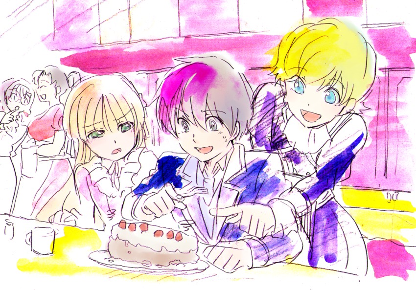 1boy, 4girls, annoyed, avril_bradley, black_hair, blonde_hair, cake, cecile_lafitte