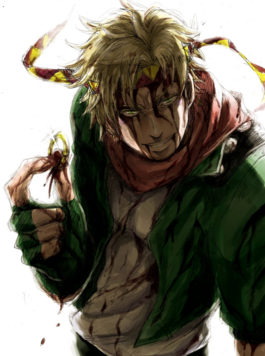 1boy, a5_arashi, battle_tendency, blood, blood_on_face, caesar_anthonio_zeppeli, cropped_jacket, facial_mark