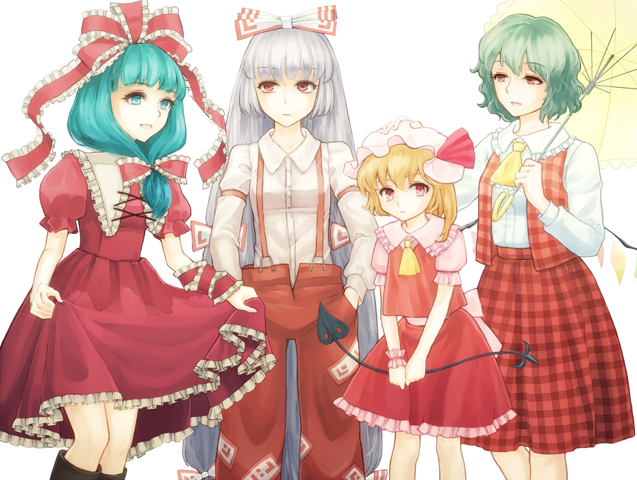 4girls, aqua_eyes, aqua_hair, ascot, bow, female_focus, flandre_scarlet, frills, front_ponytail, fujiwara_no_mokou, grey_hair, hair_bow, hair_ornament, hair_ribbon, hands_in_pocket, holding, kagiyama_hina, kazami_yuuka, laevatein, long_hair, long_sleeves, marydill, multiple_girls, open_clothes, open_mouth, open_vest, plaid_clothes, plaid_skirt, red_eyes, ribbon, shirt, short_hair, short_sleeves, side_ponytail, skirt, skirt_set, smile, suspenders, touhou, umbrella, very_long_hair, vest, white_background, wings