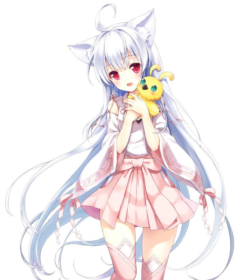 1girl, ahoge, animal_ears, bad_id, bad_pixiv_id, bare_shoulders, detached_sleeves, doll, female_focus, hakama, hakama_short_skirt, hakama_skirt, hugging_object, japanese_clothes, kanagi_maihime, long_hair, looking_at_viewer, miko, nontraditional_miko, phantasy_star, phantasy_star_online_2, pink_thighhighs, rappy, red_eyes, rimo, silver_hair, simple_background, skirt, smile, solo, thighhighs, very_long_hair, white_background