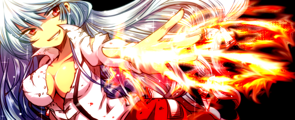 1girl, bow, breasts, cleavage, female_focus, fire, fujiwara_no_mokou, grin