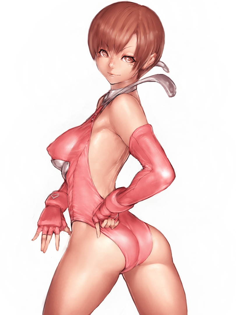1girl, ass, bare_shoulders, breasts, brown_eyes, brown_hair, chaco_yutani, covered_erect_nipples, female_focus, fingerless_gloves, fumio_(rsqkr), gloves, leotard, looking_at_viewer, looking_back, no_bra, short_hair, simple_background, smile, solo, square_enix, tobal, tobal_2, white_background