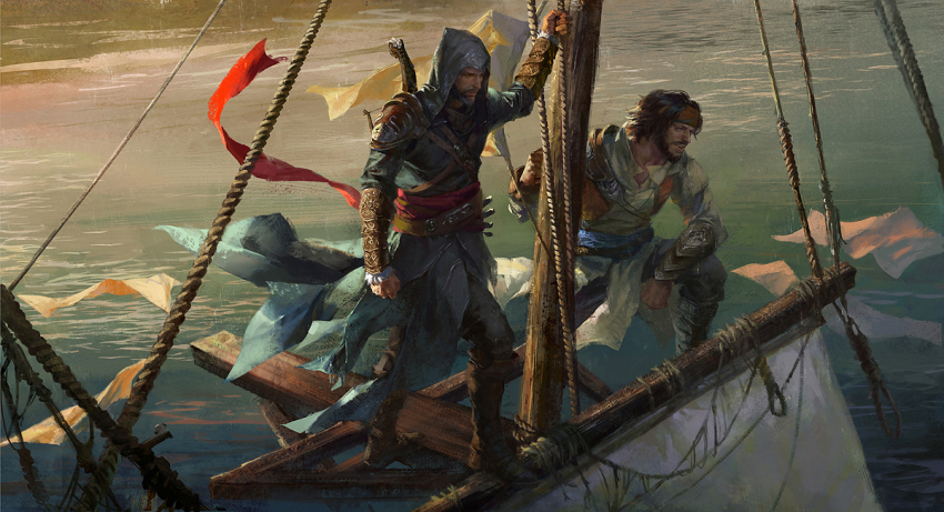 2boys, assassin's_creed, assassin's_creed:_revelations, assassin's_creed_(series), beard, black_hair, bow_(weapon), crossbow, ezio_auditore_da_firenze, facial_hair, gauntlets, headband, hood, luulala, manly, multiple_boys, weapon, yusuf_tazim