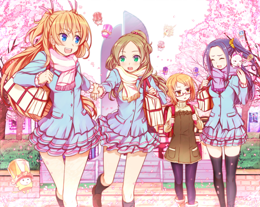 10s, 4girls, backpack, bag, blonde_hair, blue_shirt, blush, dodory