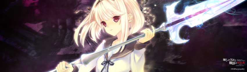 1girl, copyright_name, female_focus, gradient_background, hairband, highres, long_image, manyako_(mohumohu)