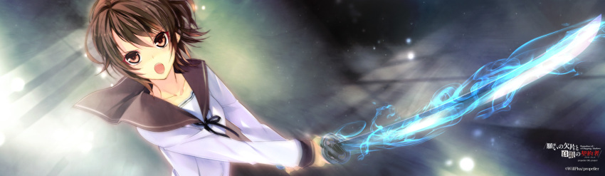 1girl, brown_eyes, brown_hair, copyright_name, female_focus, gradient_background, hajiro_mina, highres