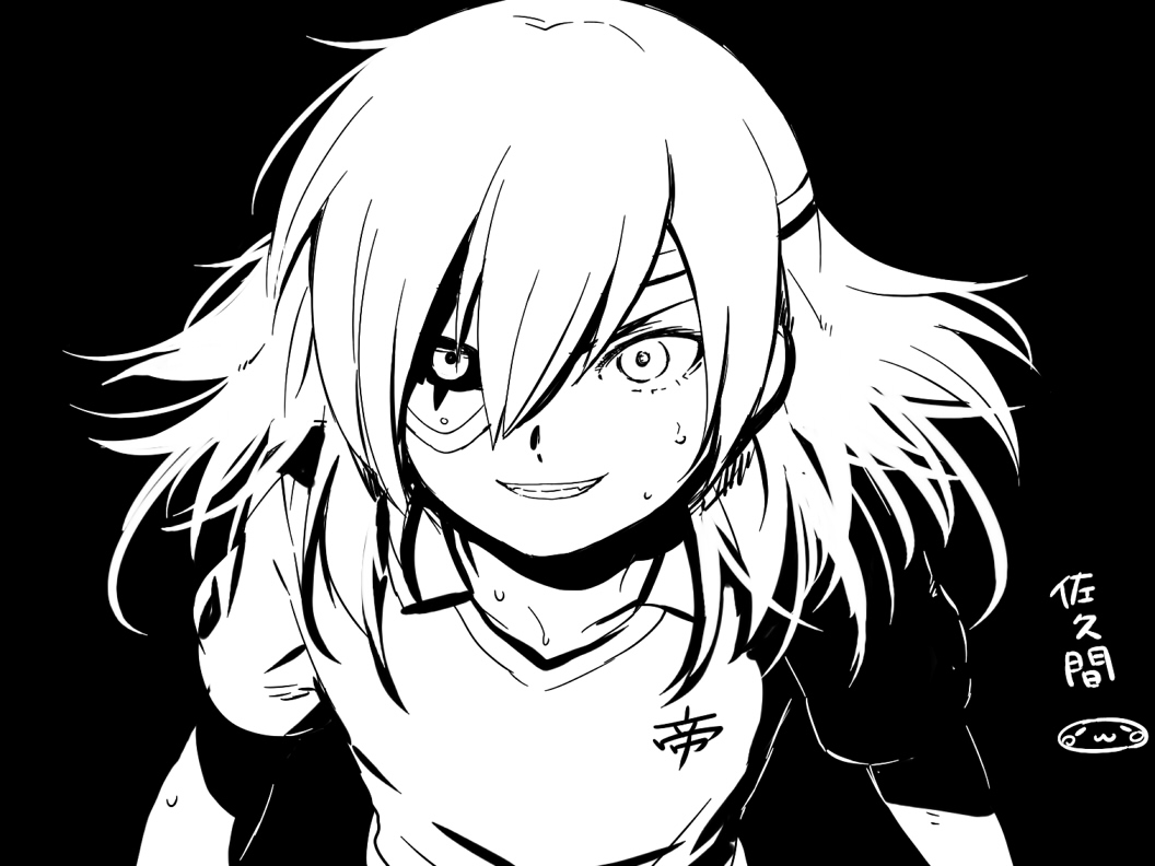 1boy, bad_id, bad_pixiv_id, black_background, character_name, eyepatch, greyscale, grin, inazuma_eleven, inazuma_eleven_(series), male_focus, mizuhara_aki, monochrome, sakuma_jirou, smile, soccer_uniform, solo, sportswear, teikoku, upper_body