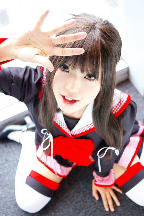 1girl, breasts, brown_eyes, brown_hair, color_contacts, cosplay, east_asian, female_focus