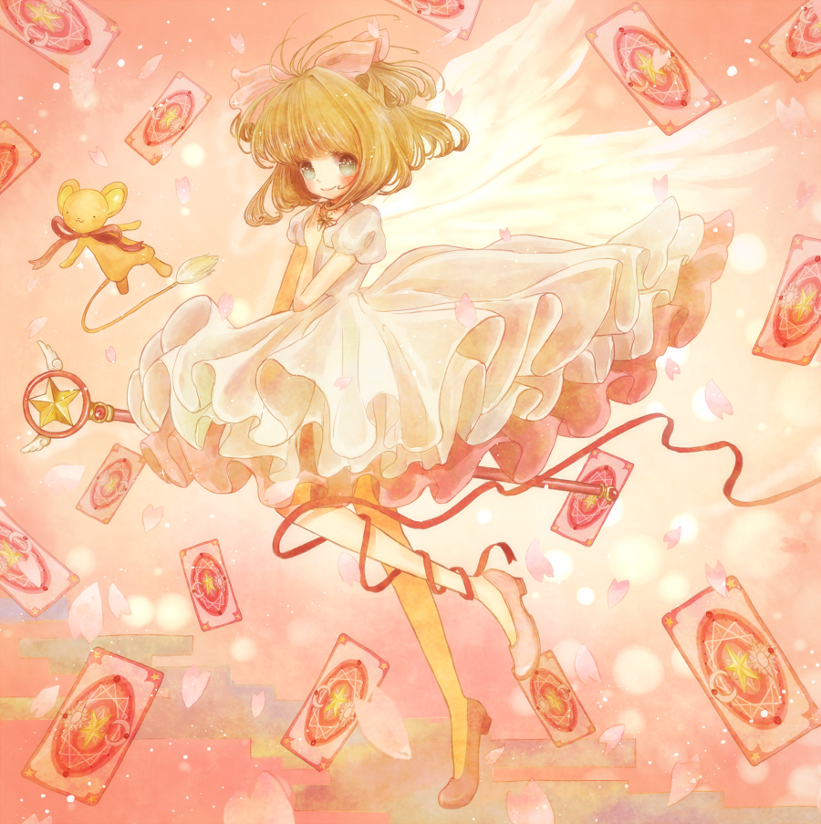 1990s_(style), 1girl, brown_hair, card, cardcaptor_sakura, dress, green_eyes, hoshi_no_tsue, kero_(cardcaptor_sakura), kinomoto_sakura, magical_girl, pori_(ri_ppo), retro_artstyle, sakura_card, short_hair, wand