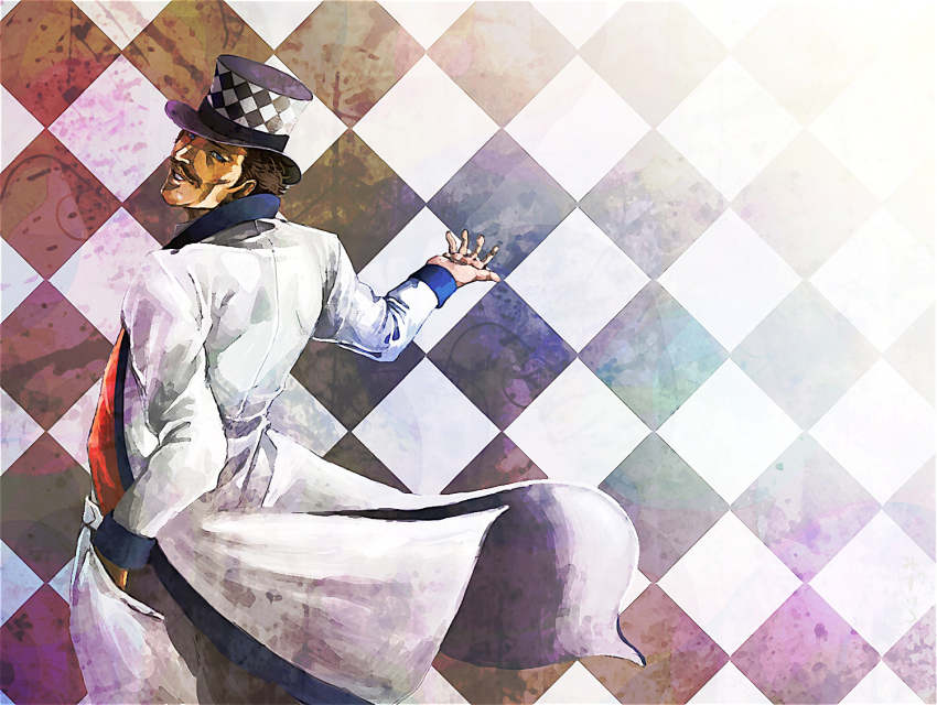 1boy, bad_id, bad_pixiv_id, checkered_background, facial_hair, hat, jojo_no_kimyou_na_bouken, male_focus