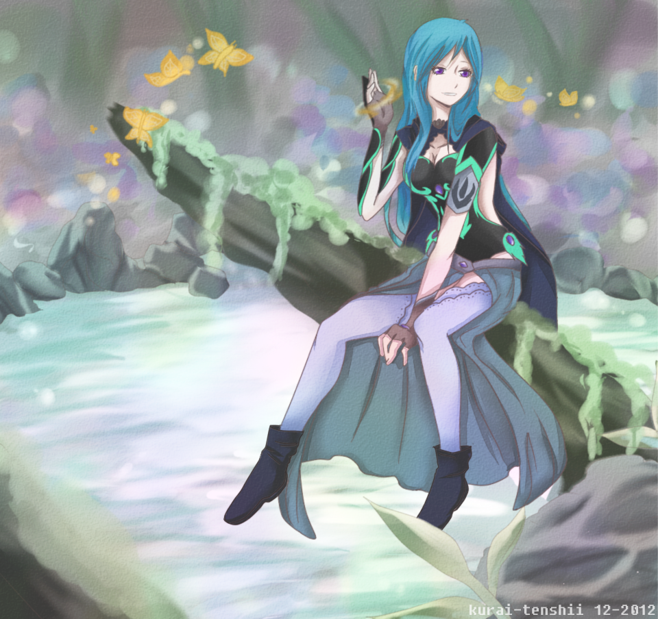 althea_(luminous_arc), althea_(mirage_noir), blue_hair, cape, fantasy, long_hair, magic, mirage_noir