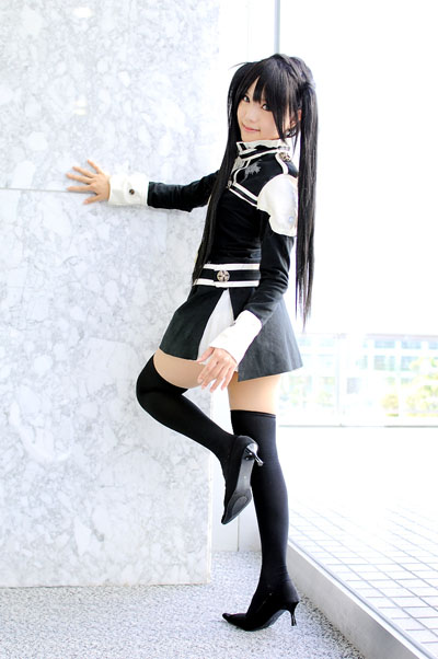 1girl, black_hair, black_shoes, black_thighhighs, breasts, cosplay, d.gray-man, dress