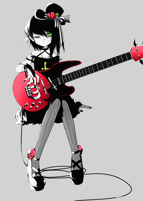 1girl, black_hair, food, gorillaz, gothic_lolita, guitar, hat, instrument, lolita_fashion, nail_polish, noodle_(gorillaz), shizuki_sayaka, short_hair, wink