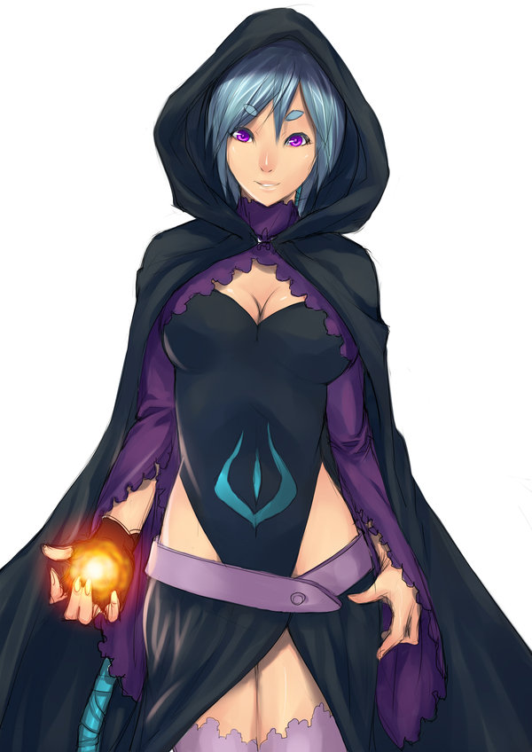 althea_(luminous_arc), althea_(mirage_noir), belt, blue_hair, cape, fire, magic, mirage_noir, purple_eyes, tagme, thighhighs, zettai_ryouiki