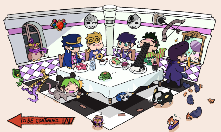 1girl, 5boys, alcohol, animal_costume, aqua_necklace_(stand), arrow_(jojo), arrow_(symbol), battle_tendency