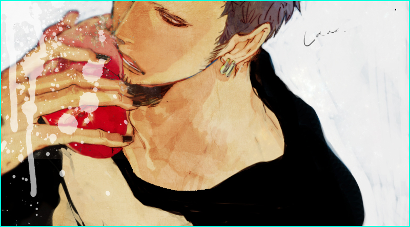 1boy, baseball_tee, blue_hair, character_name, earrings, heart_(organ), hood, hoodie