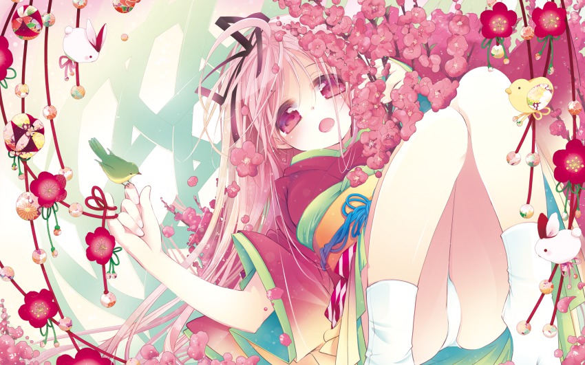 1girl, :o, bird, blush, female_focus, flower, garden_(game), highres, himemiya_ruri, japanese_clothes, kimono, long_hair, mitaonsha, open_mouth, panties, petals, pink_hair, rabbit, red_eyes, solo, tabi, underwear, very_long_hair, white_panties