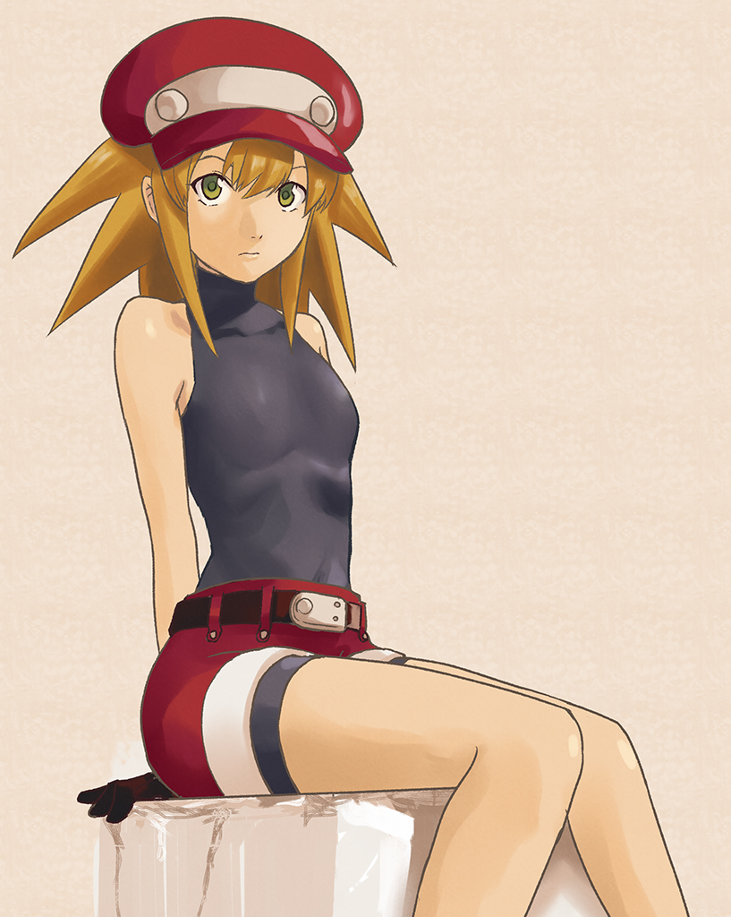 1girl, arms_behind_back, bad_id, bad_pixiv_id, bare_shoulders, belt, blonde_hair, newsboy_cap