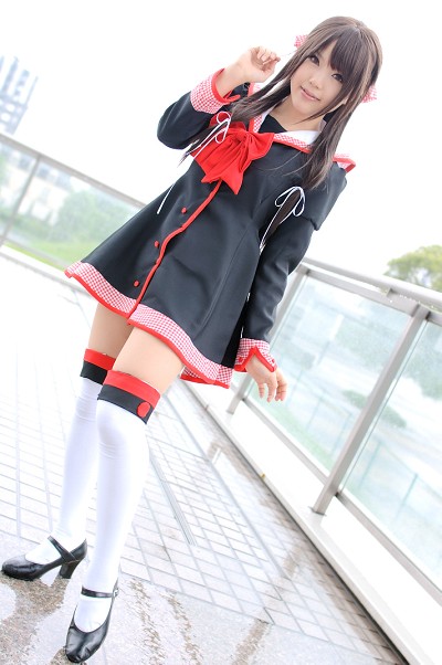 1girl, breasts, brown_eyes, brown_hair, cosplay, dutch_angle, east_asian, female_focus