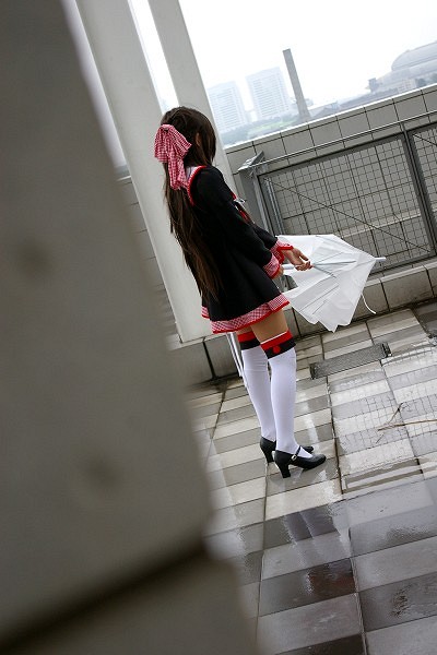 1girl, brown_hair, cosplay, dutch_angle, east_asian, female_focus, final_approach, hair_ribbon