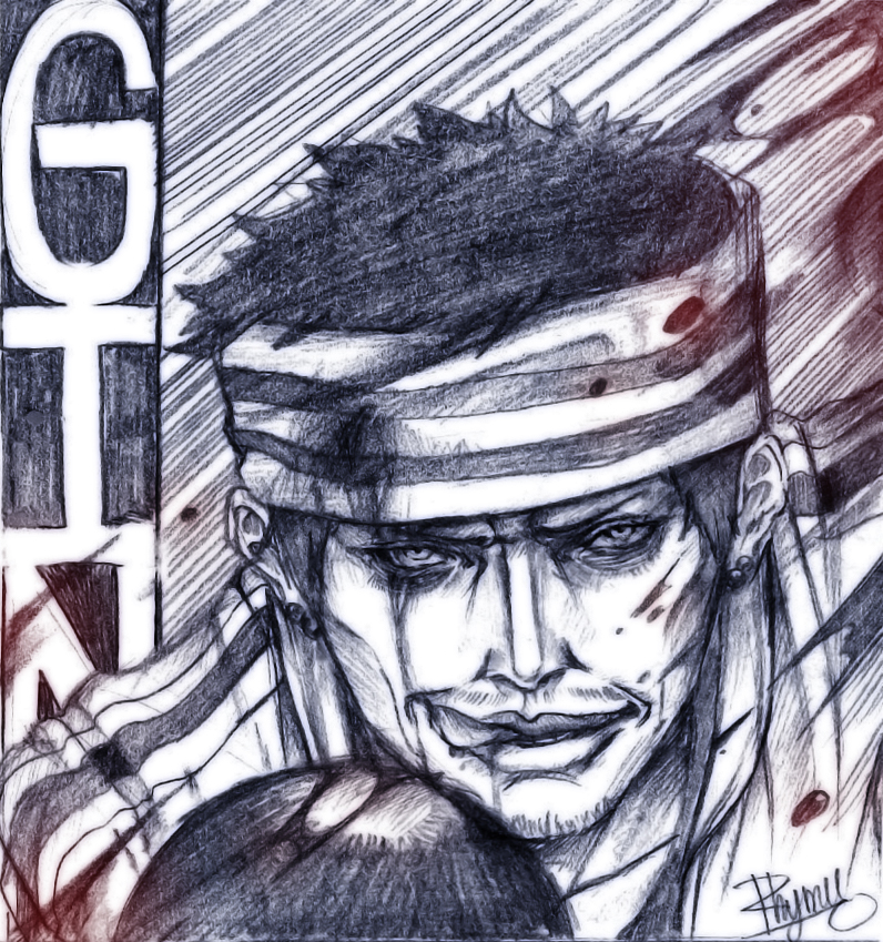 1boy, blood, character_name, earrings, east_blue, gin_(one_piece), graphite_(medium), headband