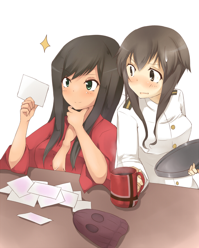 2girls, amai_nekuta, balaclava, blush, brown_eyes, brown_hair, coffee, coffee_mug