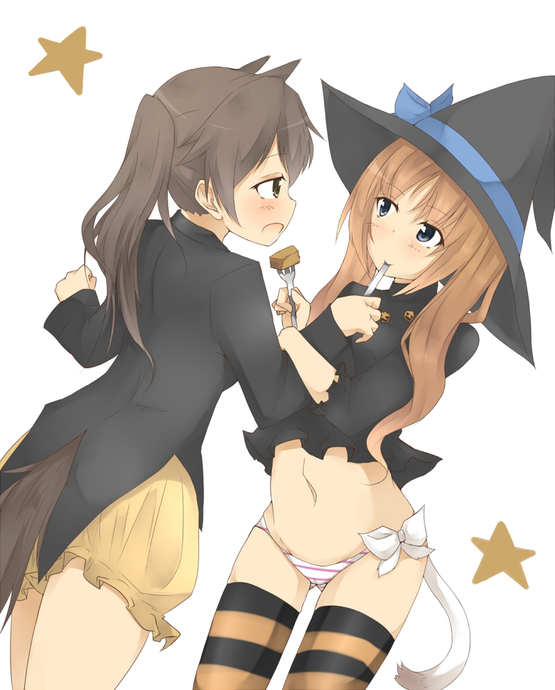 2girls, amai_nekuta, angela_salas_larrazabal, animal_ears, black_hair, bloomers, blue_eyes, blush