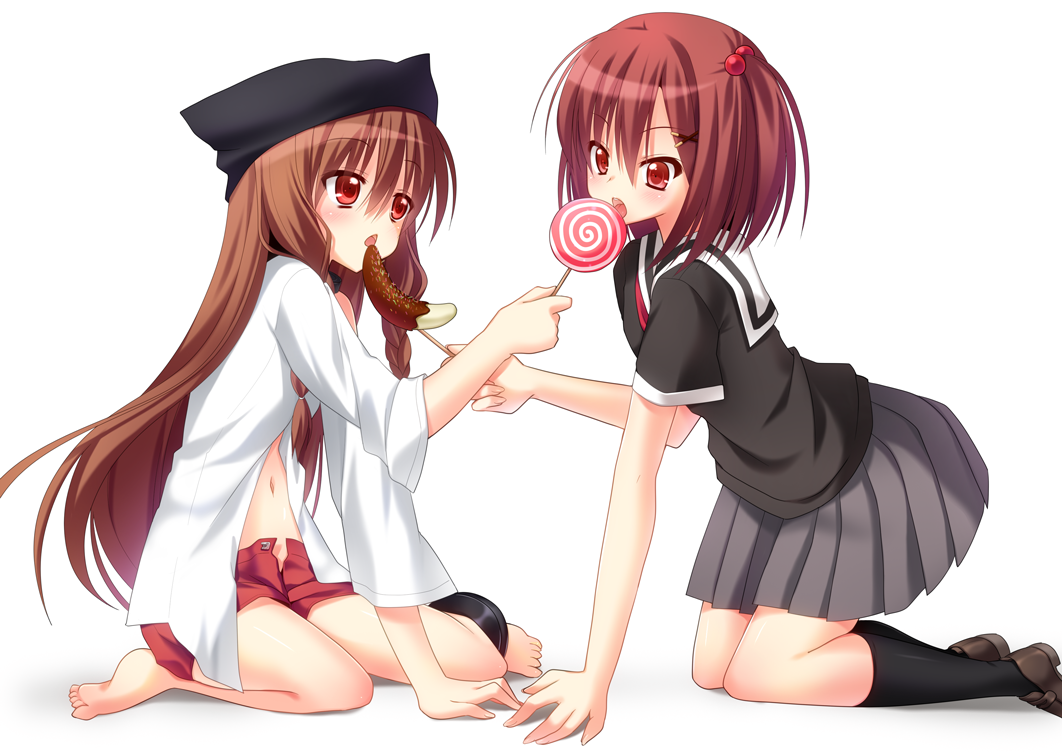 2girls, animal_hat, arm_support, barefoot, borrowed_character, braid, brown_eyes, brown_hair