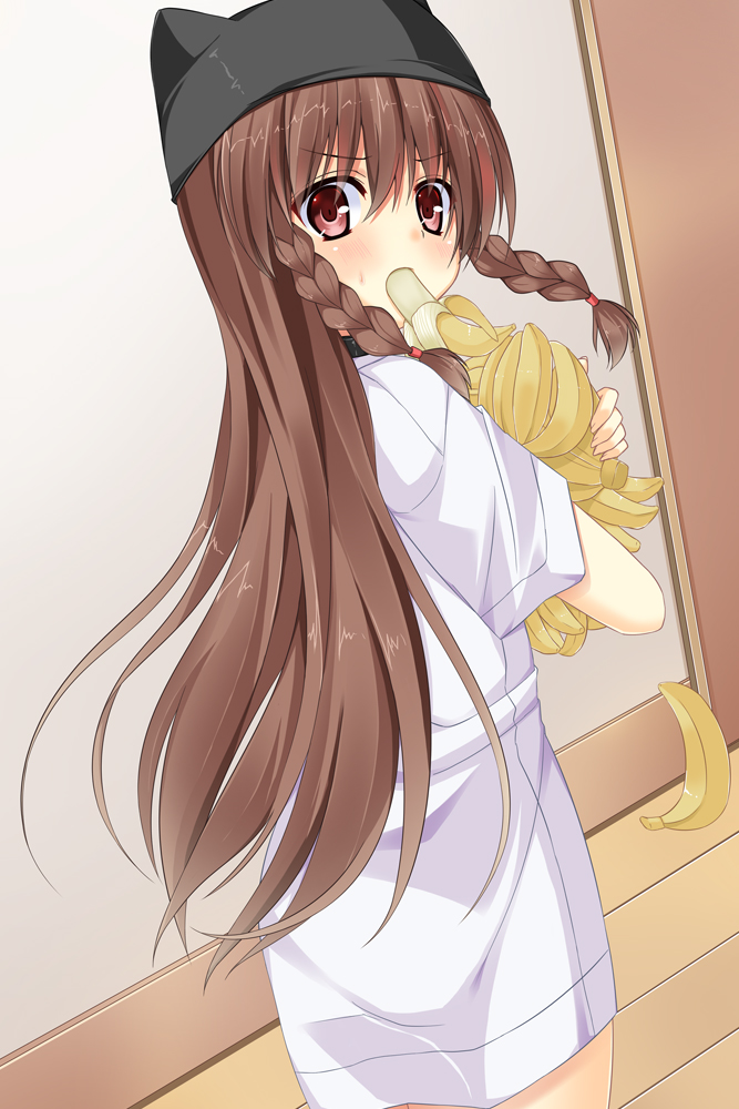 animal_hat, asa_no_ha_(awayuki), banana, blush, borrowed_character, braid, braided_sidelocks, brown_eyes