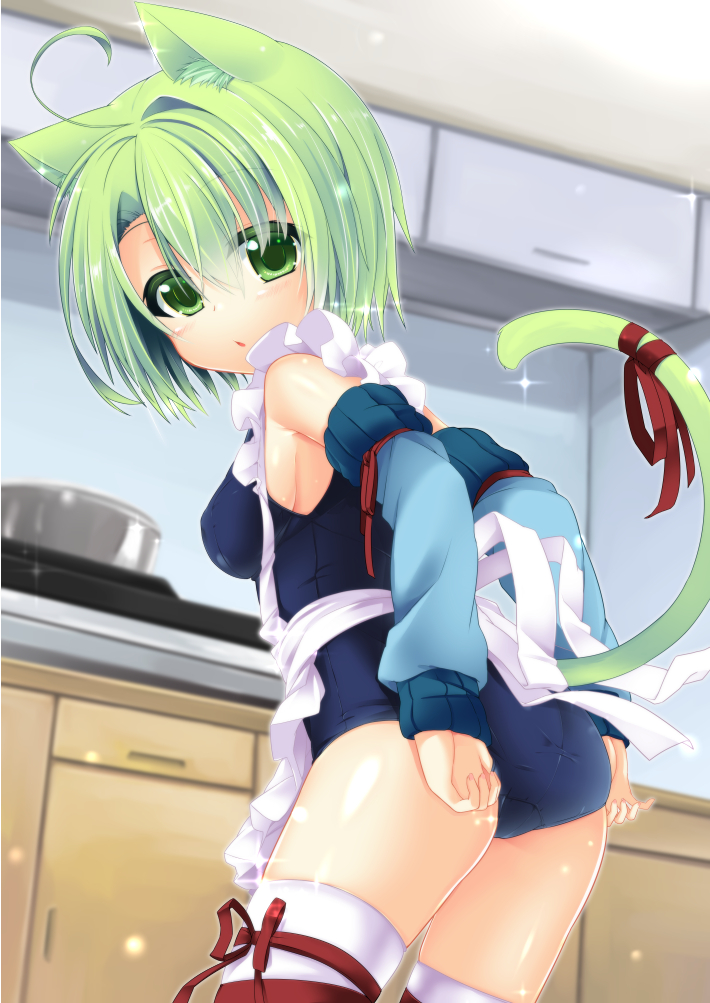 1girl, adjusting_clothes, adjusting_swimsuit, ahoge, animal_ears, april, apron, arm_warmers