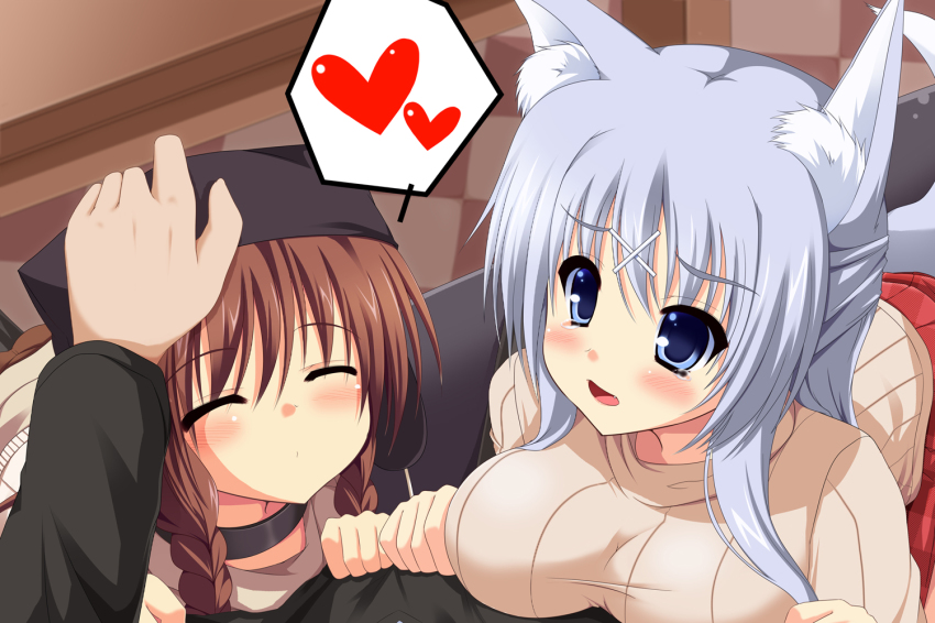 animal_ears, animal_hat, blue_eyes, blue_hair, blush, braid, breasts, brown_hair