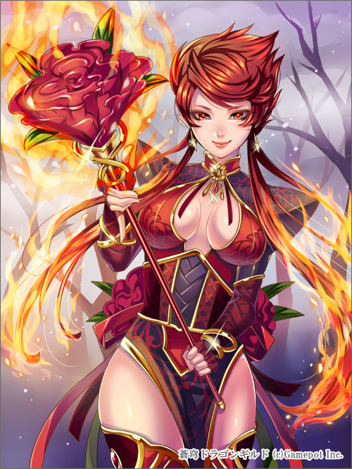 1girl, bad_id, bad_pixiv_id, breasts, choker, cleavage, female_focus, fire, flower, jewelry, large_breasts, long_hair, lots_of_jewelry, matsurika_youko, original, red_eyes, red_hair, rose, smile, solo, soukyuu_dragon_guild, staff, twintails