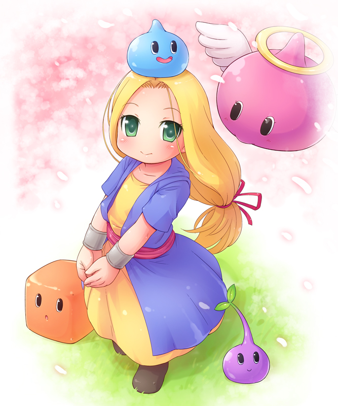 1girl, :d, :o, angel_slime, angel_wings, bad_id, bad_pixiv_id, blonde_hair, blush, boots, box_slime, bracelet, dragon_quest, dragon_quest_monsters, dragon_quest_monsters:_terry's_wonderland, dragon_quest_vi, dress, female_focus, flat_chest, flying, grass, green_eyes, hair_ribbon, halo, jewelry, leaf, light_smile, long_hair, looking_at_viewer, low-tied_long_hair, mireyu, mizuno_mumomo, no_nose, object_on_head, open_mouth, outdoors, own_hands_together, petals, ponytail, ribbon, sash, slime_(dragon_quest), slime_tree, smile, solo, v_arms, wings, wrist_cuffs