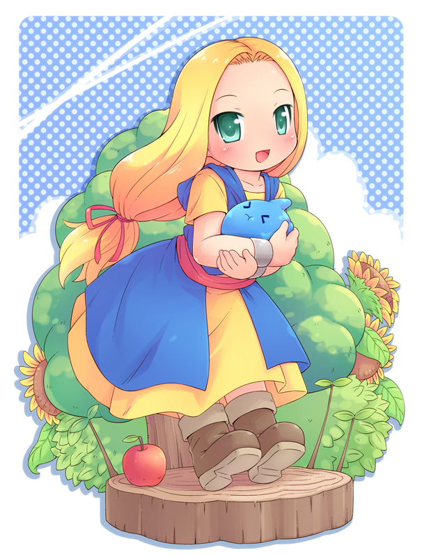 >_<, 1girl, :d, :t, apple, bad_id, bad_pixiv_id, blonde_hair