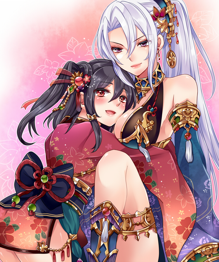 2girls, black_hair, bow, breasts, earrings, furisode, hair_ornament, hug