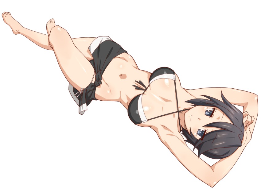 10s, 1girl, armpits, arms_behind_head, barefoot, bikini, black_bikini, black_eyes, black_hair, blush, breasts, feet, female_focus, front-tie_top, full_body, gj-bu, large_breasts, looking_at_viewer, lying, mori_(gj-bu), navel, on_back, short_hair, side-tie_bikini_bottom, simple_background, smile, solo, swimsuit, tenchisouha, white_background