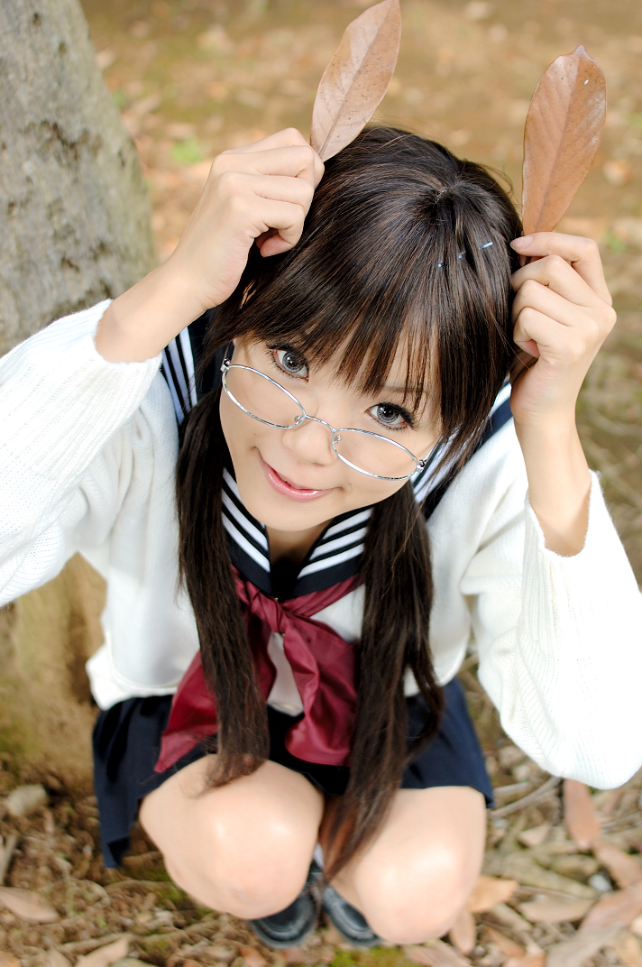 1girl, blue_eyes, breasts, brown_hair, color_contacts, cosplay, east_asian, female_focus