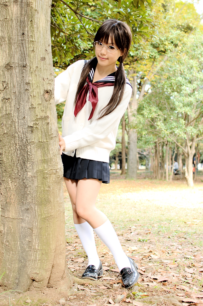 1girl, breasts, brown_hair, cosplay, east_asian, female_focus, final_approach, glasses