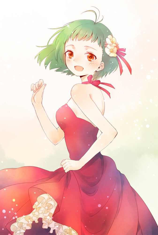 00s, 1girl, ahoge, bare_shoulders, choker, dress, farah_oersted, female_focus, flower, frills, green_hair, hair_flower, hair_ornament, kirimoto_roboku, red_dress, red_eyes, ribbon_choker, short_hair, smile, solo, tales_of_(series), tales_of_eternia, white_background