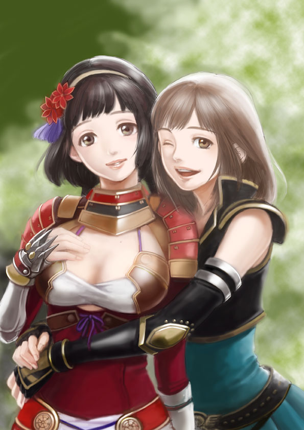 2girls, 3459ym, armor, black_hair, breasts, brown_eyes, brown_hair, cleavage, dress, elbow_gloves, fingerless_gloves, flower, gloves, hair_flower, hair_ornament, hairband, hug, ii_naotora_(sengoku_musou), large_breasts, multiple_girls, one_eye_closed, pauldrons, protagonist_(sengoku_musou_chronicle), sengoku_musou, sengoku_musou_2, sengoku_musou_3, sengoku_musou_chronicle, shoulder_armor, wink