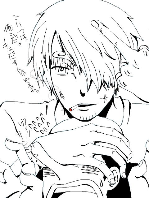 2boys, hair_over_one_eye, hand_over_eyes, male_focus, monochrome, multiple_boys, one_piece, sanji_(one_piece)