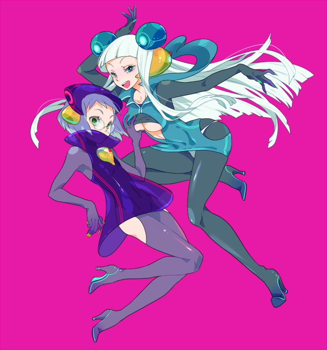 2girls, blunt_bangs, bodysuit, borrowed_character, breasts, cleavage, cleavage_cutout, clothing_cutout