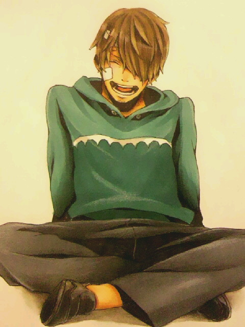 1boy, asukasuka, blonde_hair, hair_over_one_eye, hood, hoodie, indian_style, male_focus