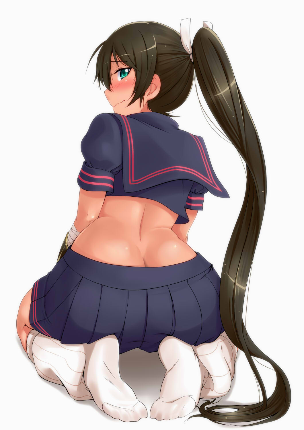 10s, 1girl, aqua_eyes, ass, back, black_serafuku, blush, brown_hair, butt_crack, dark-skinned_female, dark_skin, feet, female_focus, from_behind, highres, homura_(senran_kagura), long_hair, looking_back, md5_mismatch, no_shoes, ponytail, school_uniform, seiza, senran_kagura, serafuku, sitting, socks, soles, solo, toes, very_long_hair, wavy_mouth, zeku_(furrock)