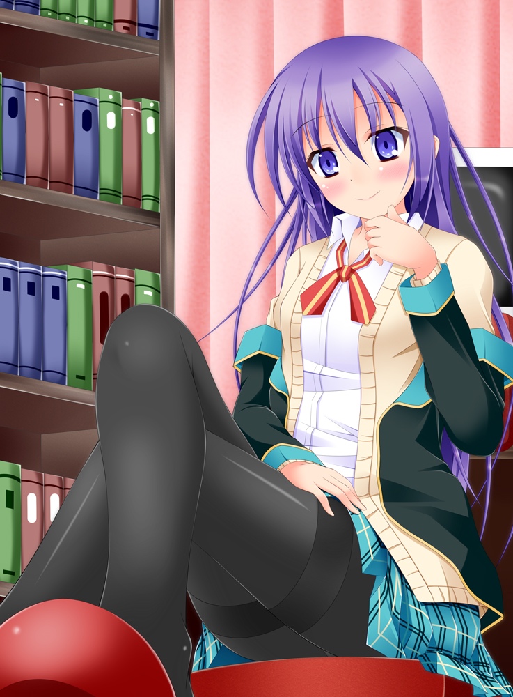 10s, 1girl, black_pantyhose, blush, book, bookshelf, cardigan, chair, female_focus, gj-bu, long_hair, long_sleeves, narumi_yuu_(imitmoon), off_shoulder, pantyhose, purple_eyes, purple_hair, school_uniform, sitting, smile, solo, sumeragi_shion, sweater, thighband_pantyhose, very_long_hair