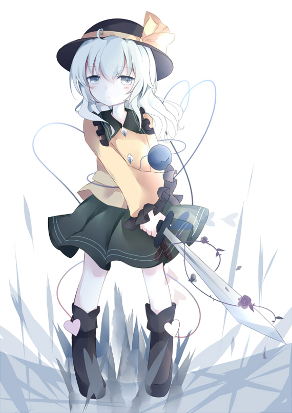1girl, bad_id, bad_pixiv_id, boots, female_focus, grey_eyes, hat, hat_ribbon